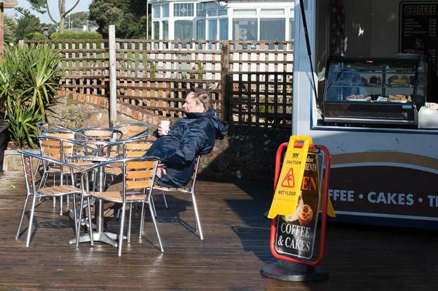 Fig. 5 Café in the Sun Clevedon - Another person wrapped up against a cold wind enjoying a cup of tea at the seaside - 1/500 at f/5.6, ISO 100. 50mm prime lens